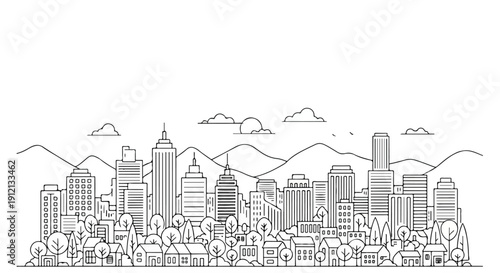 Cartoon Skyline City with Skyscrapers, Trees, and Clouds in a Black-and-White Line Drawing