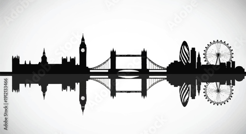 Silhouette Skyline, Bridge, and Clock with Gears in Black‑White Graphic