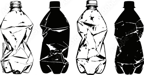 crumpled plastic bottles silhouette set isolated on white background