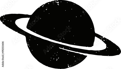 Stylized black and white illustration of saturn planet with prominent rings in vintage design