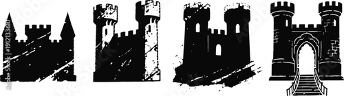Set of black medieval castle silhouettes with towers, walls, and gate entrance in vintage