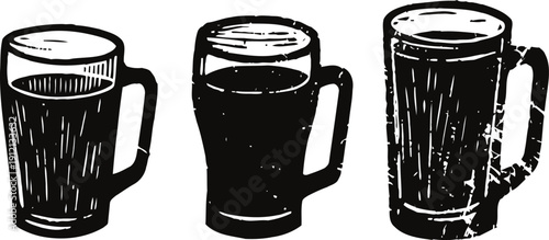 Three vintage beer mugs with handles filled with frothy dark beverage in rustic