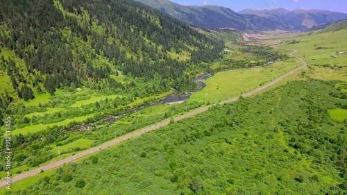 Wallpaper Mural Alpine Valley with Winding Road and River - Aerial Mountain Landscape Torontodigital.ca