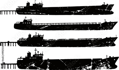 Silhouettes of cargo ships docked at pier with varying designs and superstructures
