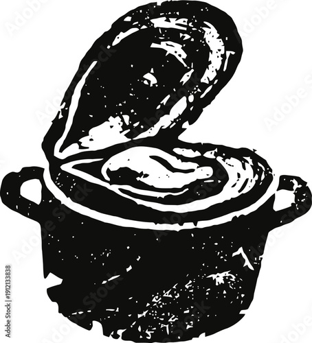 Open oyster shell with pearl inside black and white vintage engraving illustration