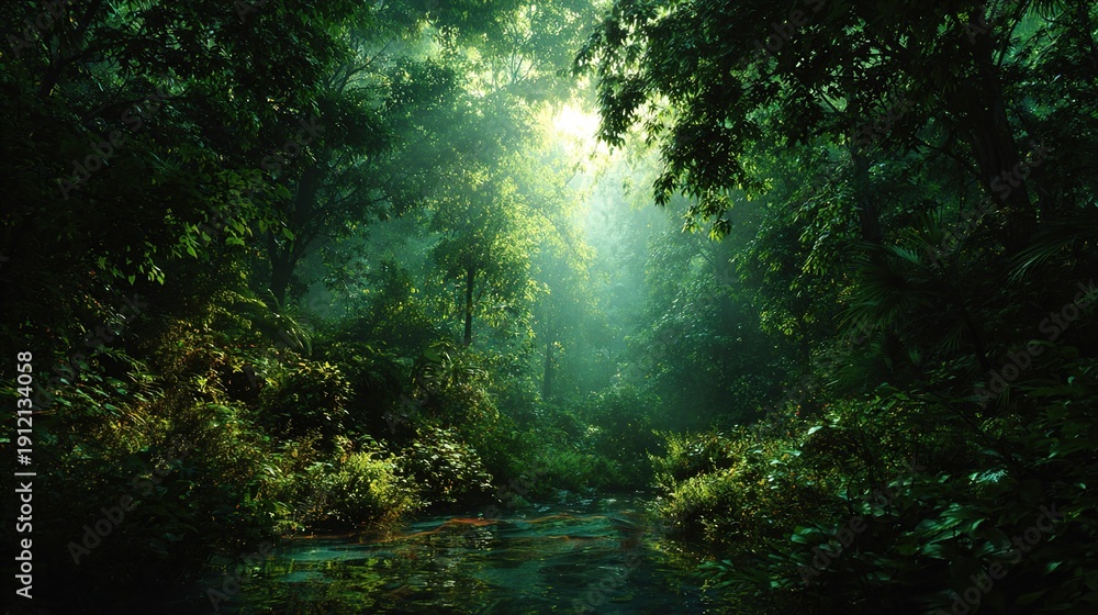 Fototapeta premium Enchanted Forest Trail: Sunlight filters through the dense canopy of an old-growth forest, illuminating a tranquil trail. The rich greens and dappled light create a scene of serenity and mystery.