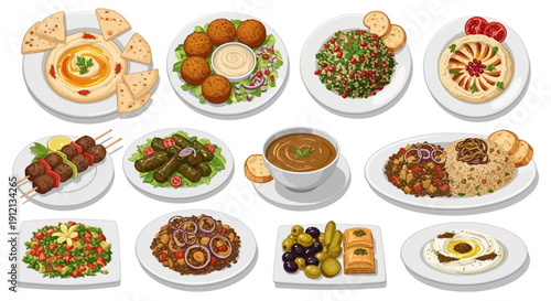 Variety of international cuisine on display with diverse dishes and ingredients on white plates from a top-down viewpoint