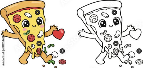 Cute Kawaii Pizza Slice Character Spreading Love and Toppings Fun Food Illustration