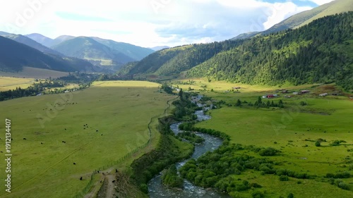 Wallpaper Mural Alpine Valley with River and Mountain Meadows Torontodigital.ca