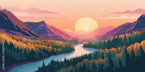 Majestic mountain landscape at sunrise and sunset with misty forest valleys and snow covered peaks under a glowing sky