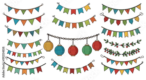 Colorful festive bunting flags and Christmas ornaments decoration set.