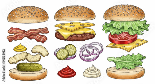 Assembling a hamburger with various toppings and condiments on a clean white background from a straightforward viewpoint, showcasing food preparation