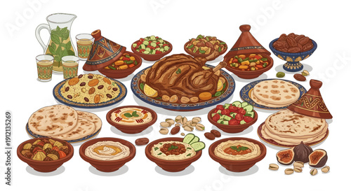 Assorted Middle Eastern cuisine delicacies displayed on various plates and bowls