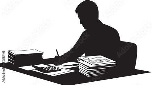 Accountant working at desk vector silhouette illustration with calculator and paper stacks