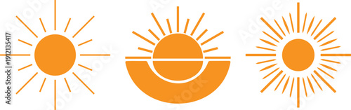 Orange sun icons with rays on white background for design and decoration purposes