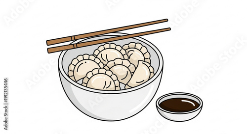 Delicious dumplings in a bowl with chopsticks and soy sauce for asian cuisine