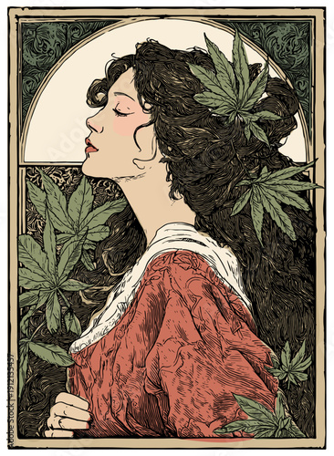 Marijuana leaves in hair of beautiful woman in red dress, retro Art Nouveau ornate portrait with frame, vintage sketch on cannabis theme