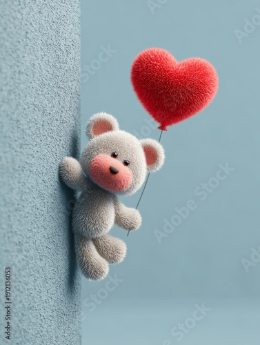 Cute teddy bear holding a heart-shaped balloon, leaning against a blue wall