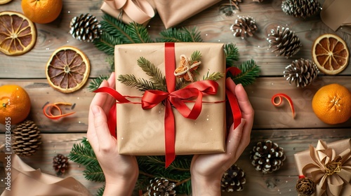Top-down photograph of hands wrapping a Christmas gift