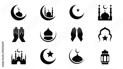Islamic symbols and icons set including crescent moon mosque praying hands star and lantern on white background for ramadan or eid celebration