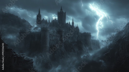 Majestic gothic castle on a cliff during a lightning storm, dark fantasy landscape with medieval fortress in the fog at night