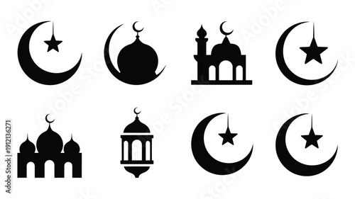Eid ul fitr silhouette icons bundle mosque crescent moon star and lantern symbols for islamic celebrations and ramadan decor