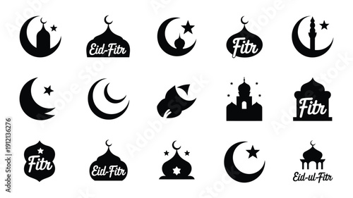 Eid fitr celebration icons set black silhouettes of crescent moon star mosque and eid mubarak symbols on white background for ramadan festivities and greeting cards