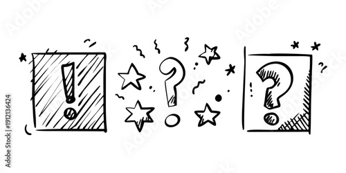 A collection of question marks, exclamation points, and stars in a playful arrangement. Vector