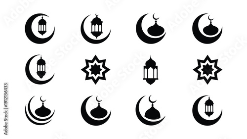 Eid ul fitr decorative icons set black silhouettes of crescent moons lanterns and stars on white background for islamic celebrations and ramadan festivities