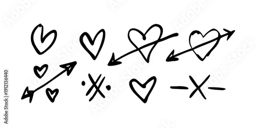A variety of heart shapes and symbols drawn with a black marker. Vector