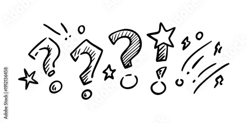 A whimsical illustration of question marks and stars in a playful design. Vector