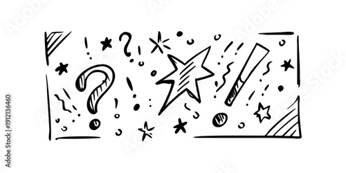 A playful illustration of various question marks and stars in a whimsical design. Vector