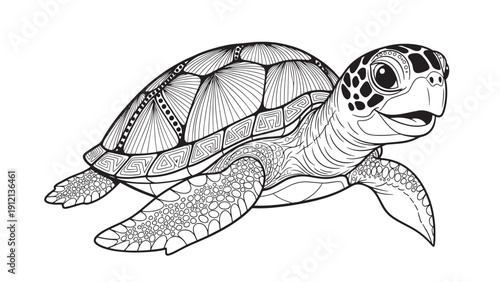 Detailed line drawing of a sea turtle with patterned shell and flowing flippers.