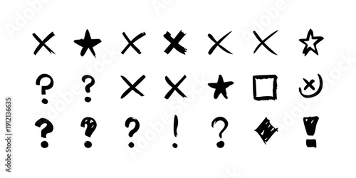 A collection of various symbols and icons including crosses, question marks, and other shapes. Vector