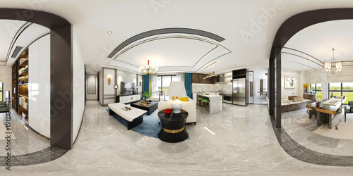 360 degree view luxury home interior living room kitchen area, 3d render