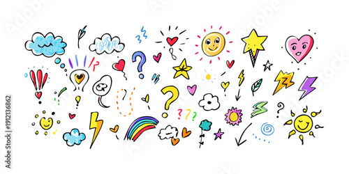 A vibrant and colorful illustration of various animals and objects floating in the sky Vector