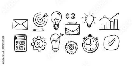 A collection of icons representing various aspects of business and productivity. Vector