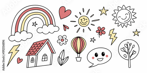 A delightful collection of doodles featuring houses, hearts, and various symbols Vector