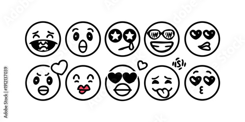 A collection of ten diverse emoticons expressing a range of emotions and facial expressions. Vector