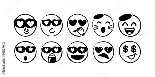 A collection of diverse emoticons expressing various emotions and states. Vector