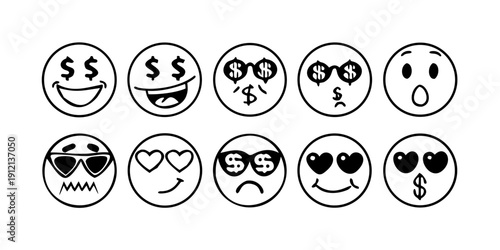 Assorted emoticons showcasing various facial expressions and symbols Vector