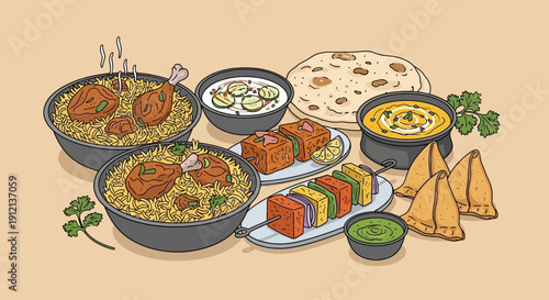 Assorted Indian cuisine delicacies displayed on a table with various dishes and sweets