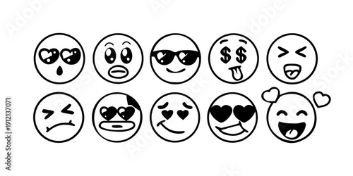 A collection of diverse emoticons expressing various emotions and reactions Vector