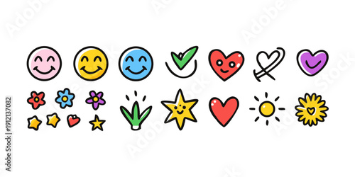 A colorful collection of diverse emoji stickers arranged in a row Vector