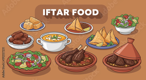 Assorted traditional dishes displayed on various plates and bowls, showcasing a variety of iftar food, culinary delights, and festive meal preparations