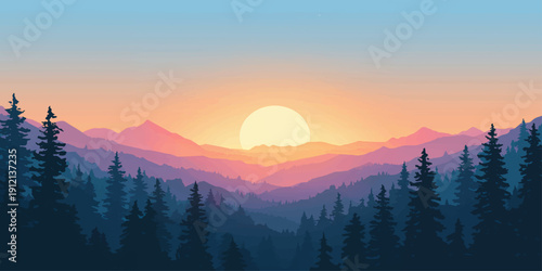 Majestic winter mountain landscape at dawn featuring a misty valley with snow-capped Alps under a colorful sunrise sky filled with soft clouds and forest trees