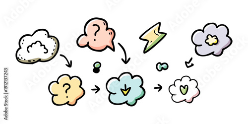 A whimsical illustration of clouds transforming into various weather phenomena Vector