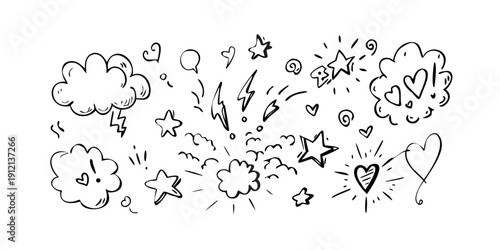 A whimsical illustration of various speech bubbles and symbols floating around Vector