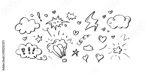 A whimsical illustration of various weather phenomena and symbols. Vector