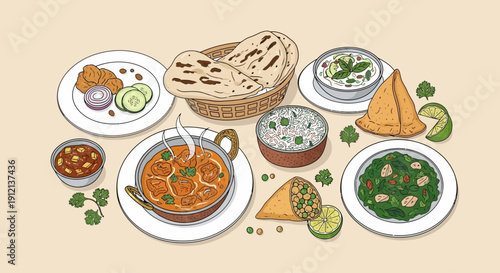 Assorted Indian dishes, including curries and bread, arranged on plates, creating a vibrant spread of food in a casual dining setting from a top-down viewpoint.